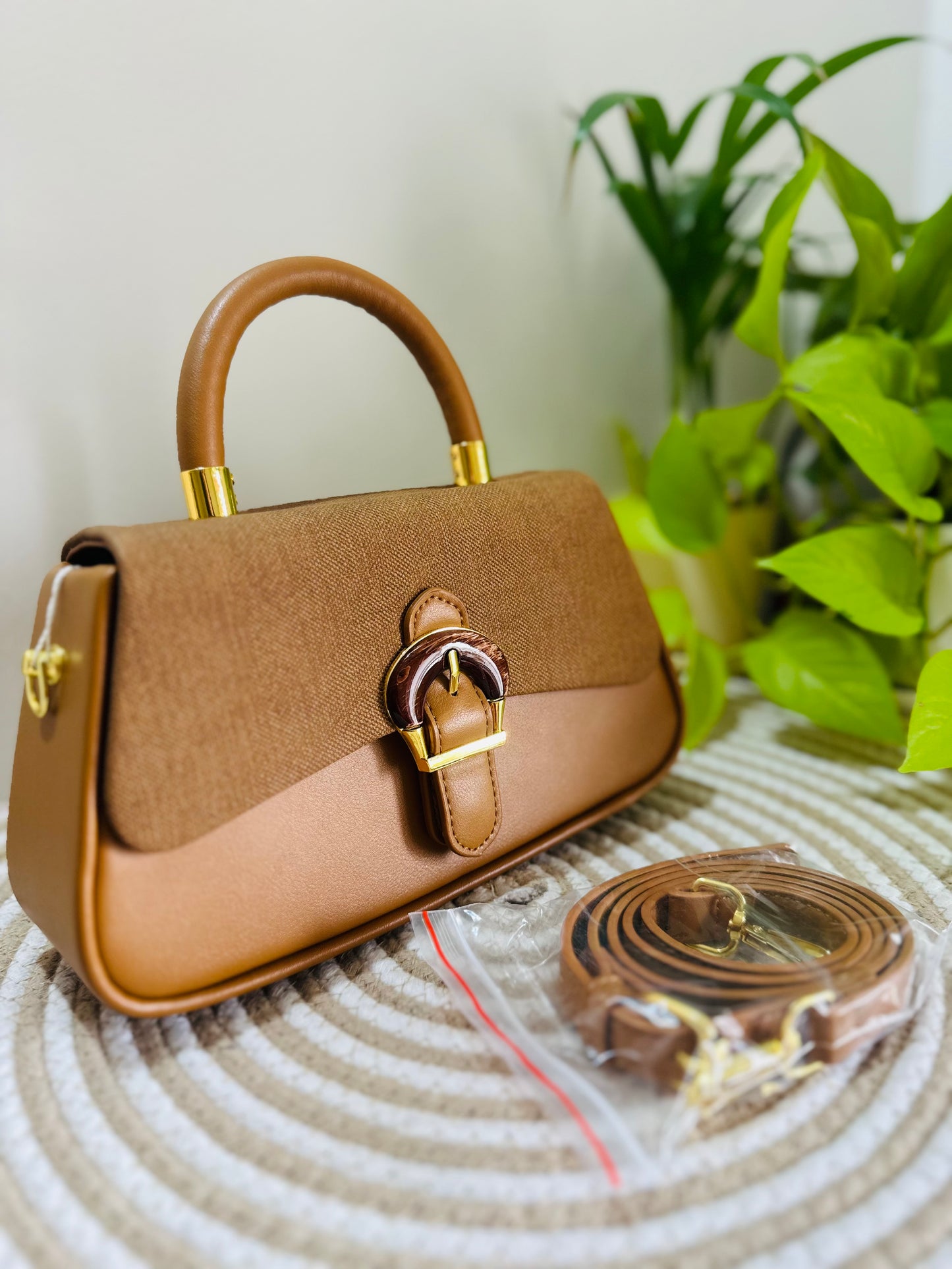Caramel Leather Buckle Handbag