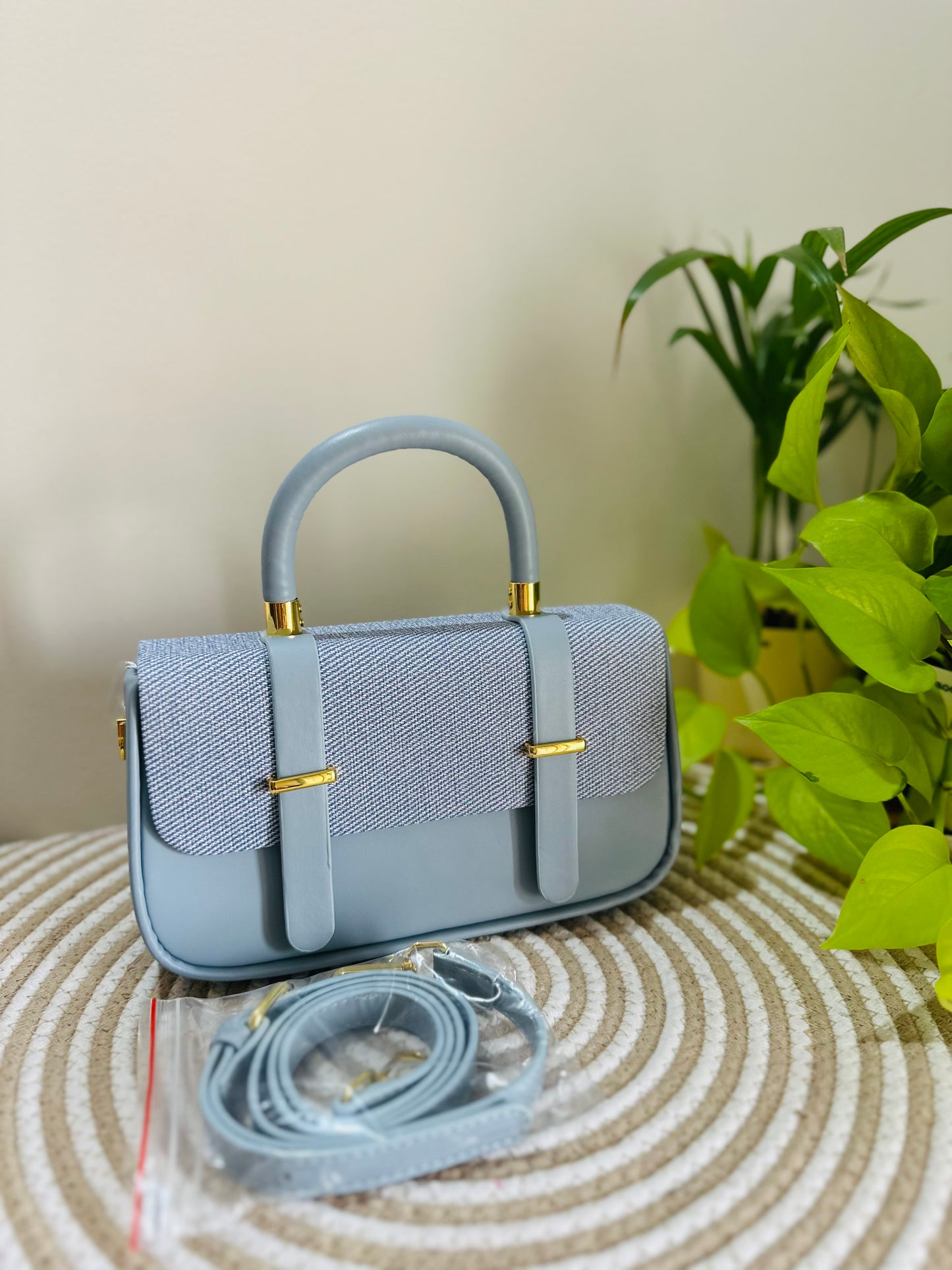 Elegant Powder Blue Structured Handbag – Faux Leather with Canvas Flap