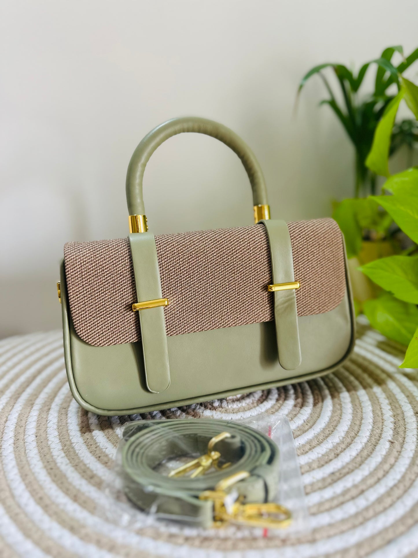 Elegant Olive & Tan Structured Handbag - Premium Faux Leather & Canvas