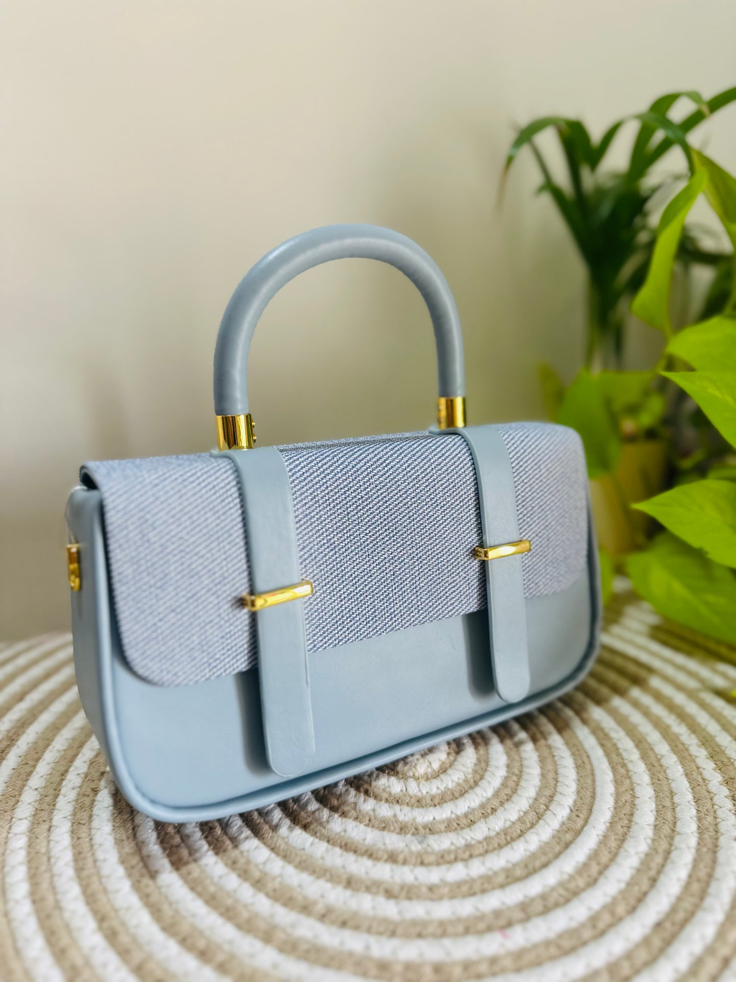 Elegant Powder Blue Structured Handbag – Faux Leather with Canvas Flap