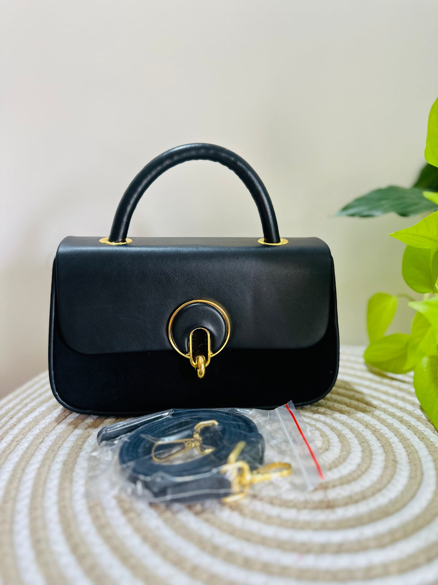 Velvet Black Two-Tone Structured Handbag