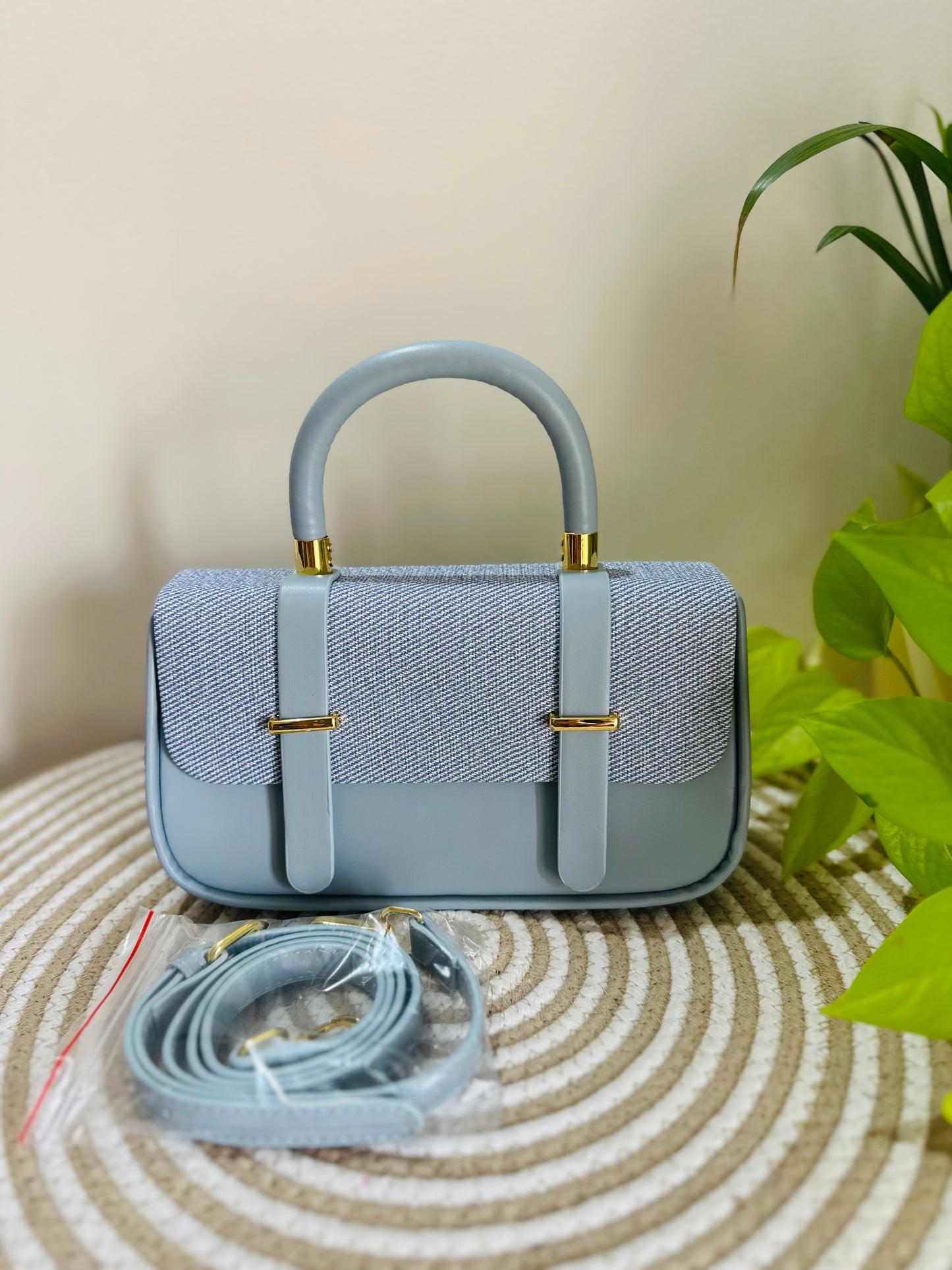 Elegant Powder Blue Structured Handbag – Faux Leather with Canvas Flap