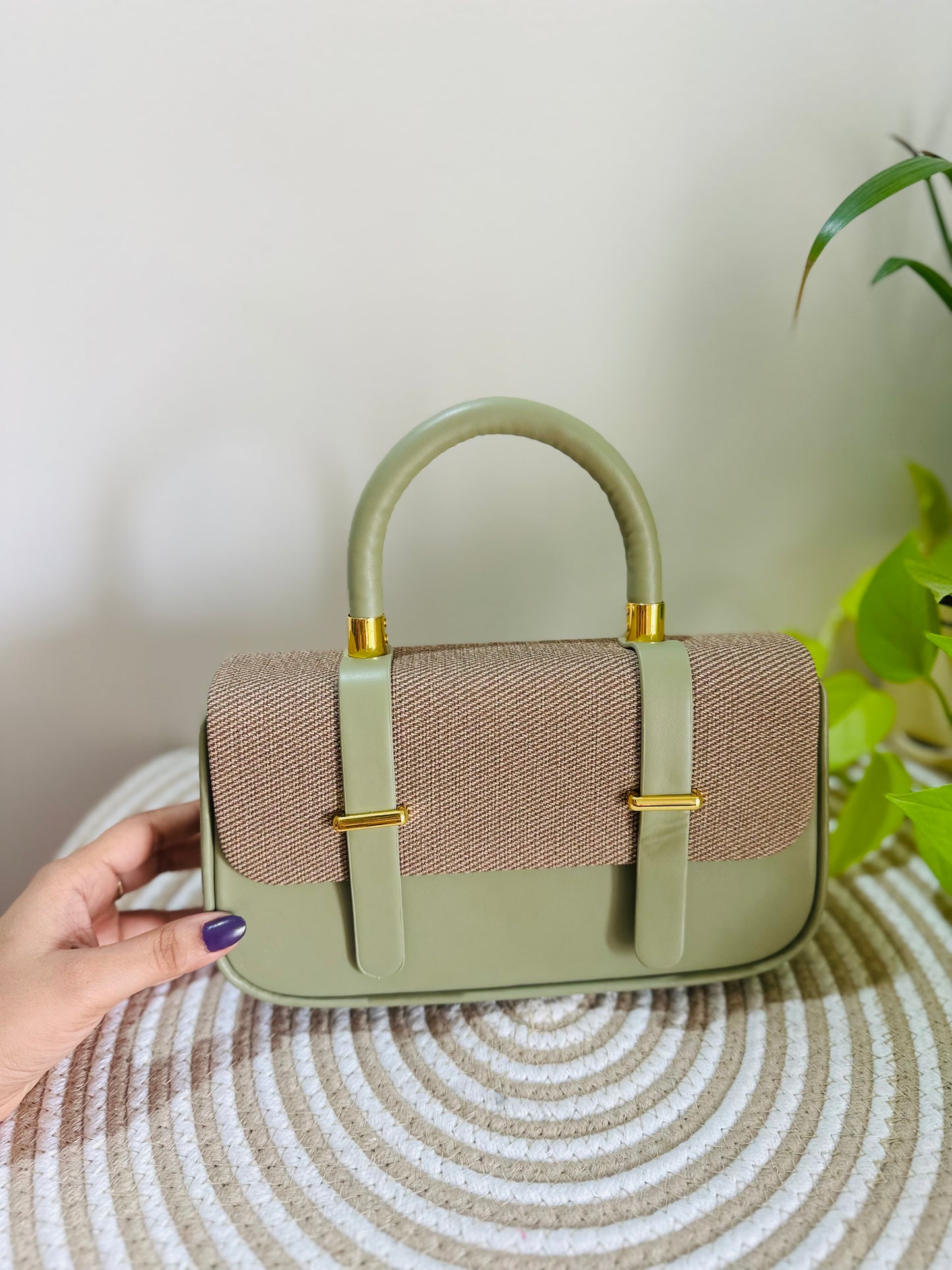 Elegant Olive & Tan Structured Handbag - Premium Faux Leather & Canvas