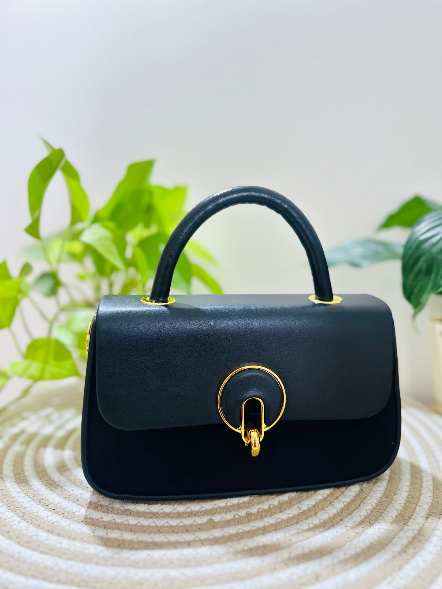 Velvet Black Two-Tone Structured Handbag