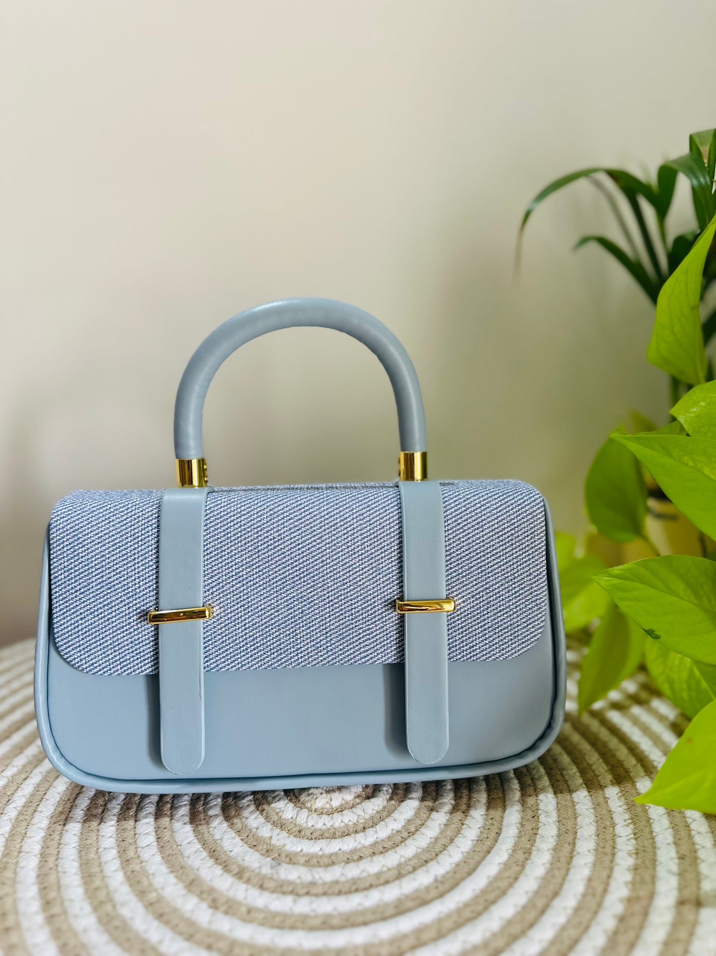 Elegant Powder Blue Structured Handbag – Faux Leather with Canvas Flap