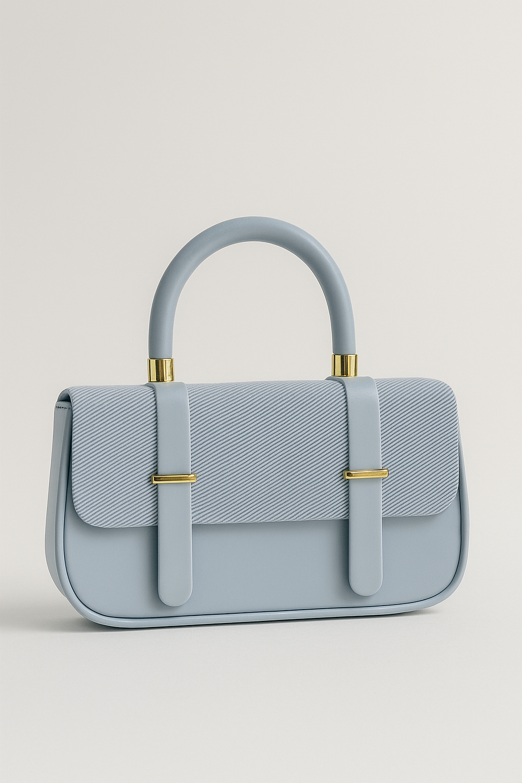 Elegant Powder Blue Structured Handbag – Faux Leather with Canvas Flap