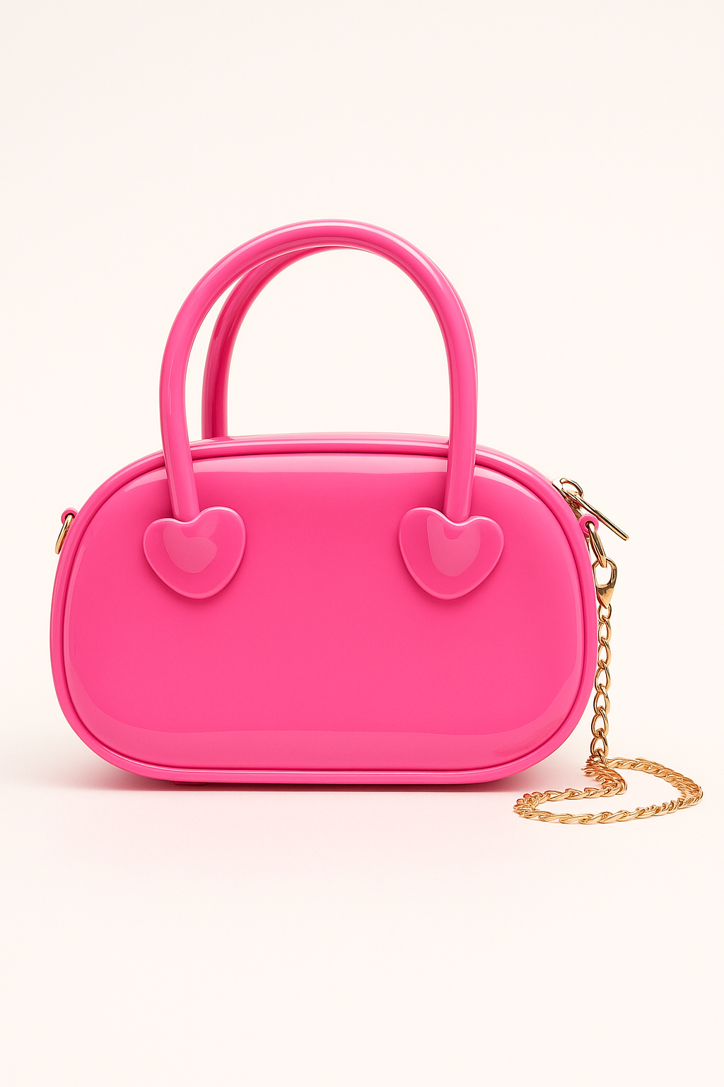 Hot Pink Glossy Heart Handle Mini Bag with Gold Chain