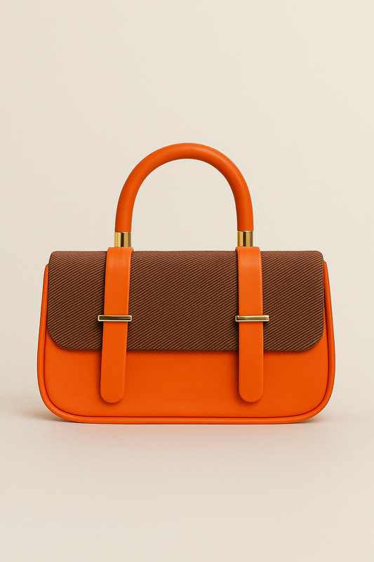 Elegant Sunset Luxe – Faux Leather Handbag with Textured Canvas Flap