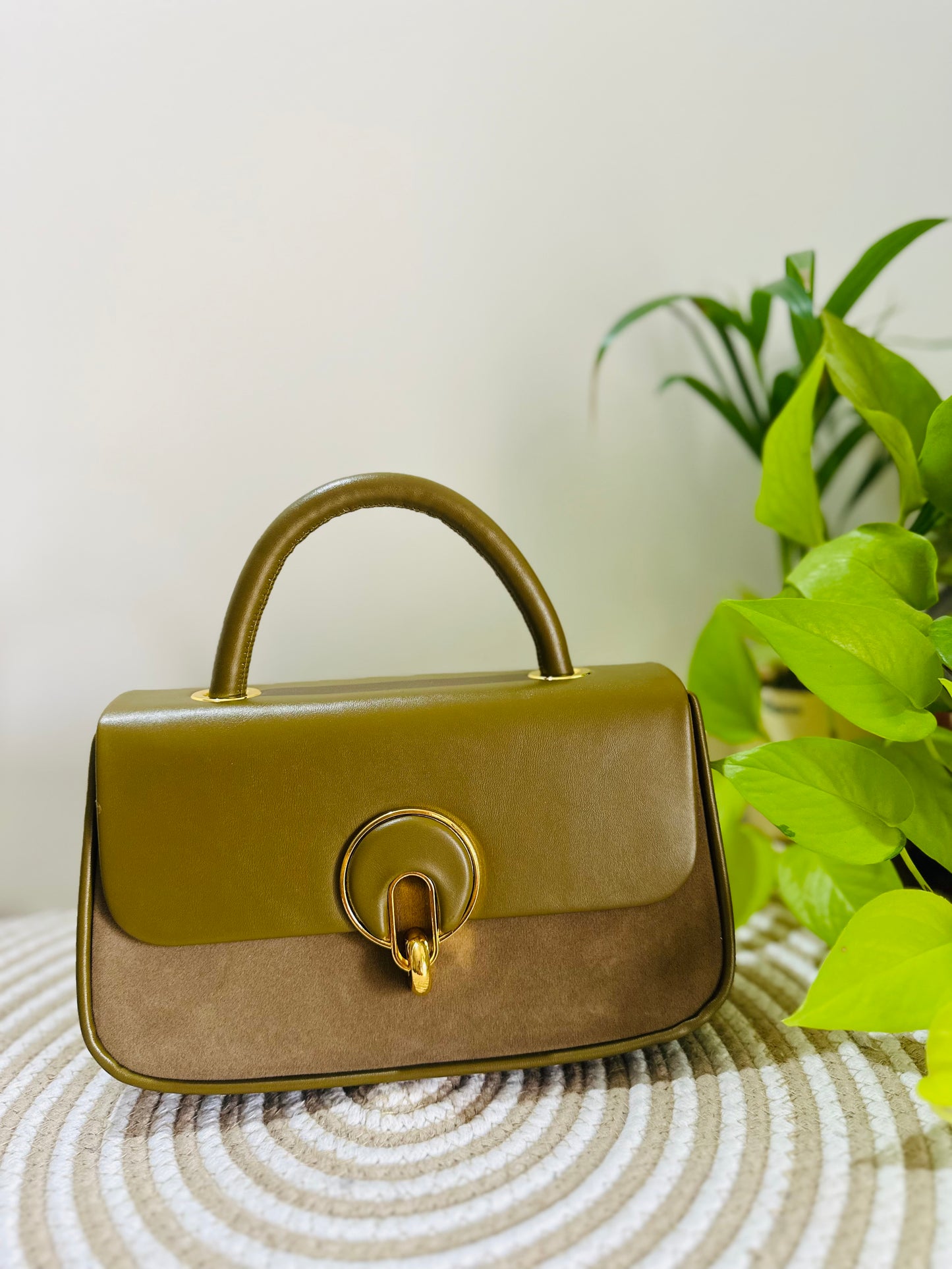 Velvet Olive & Mocha Two-Tone Structured Handbag