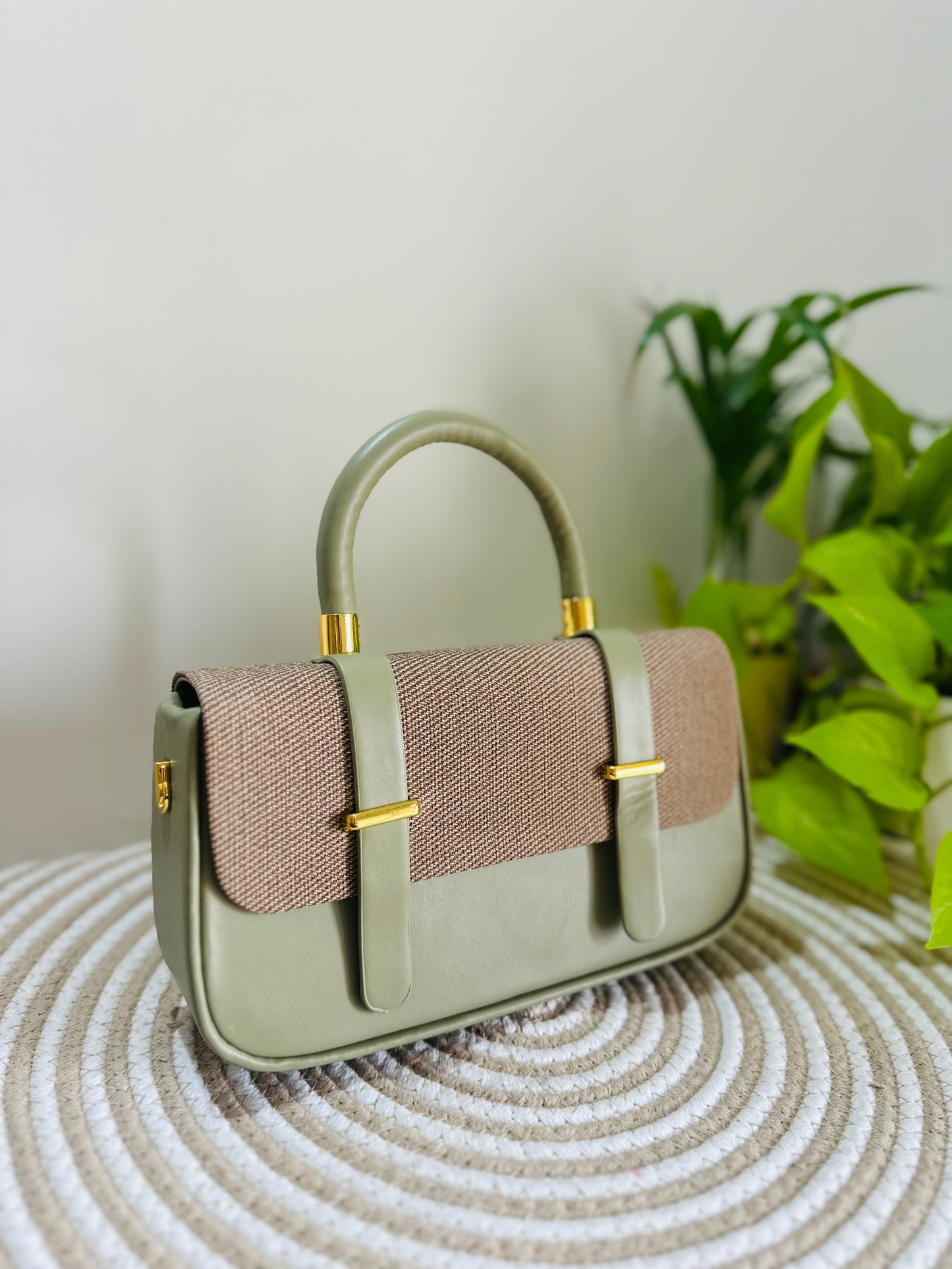 Elegant Olive & Tan Structured Handbag - Premium Faux Leather & Canvas