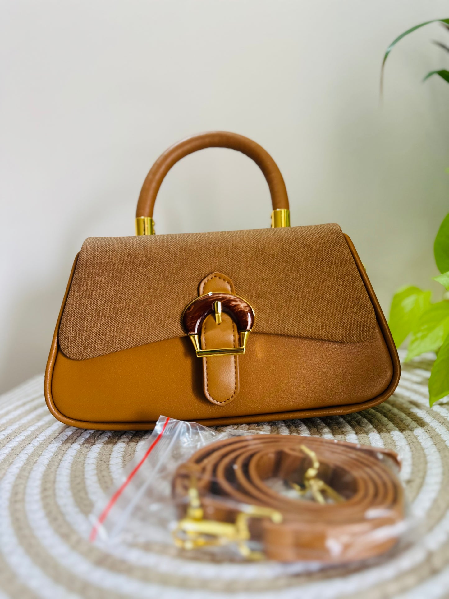 Caramel Leather Buckle Handbag