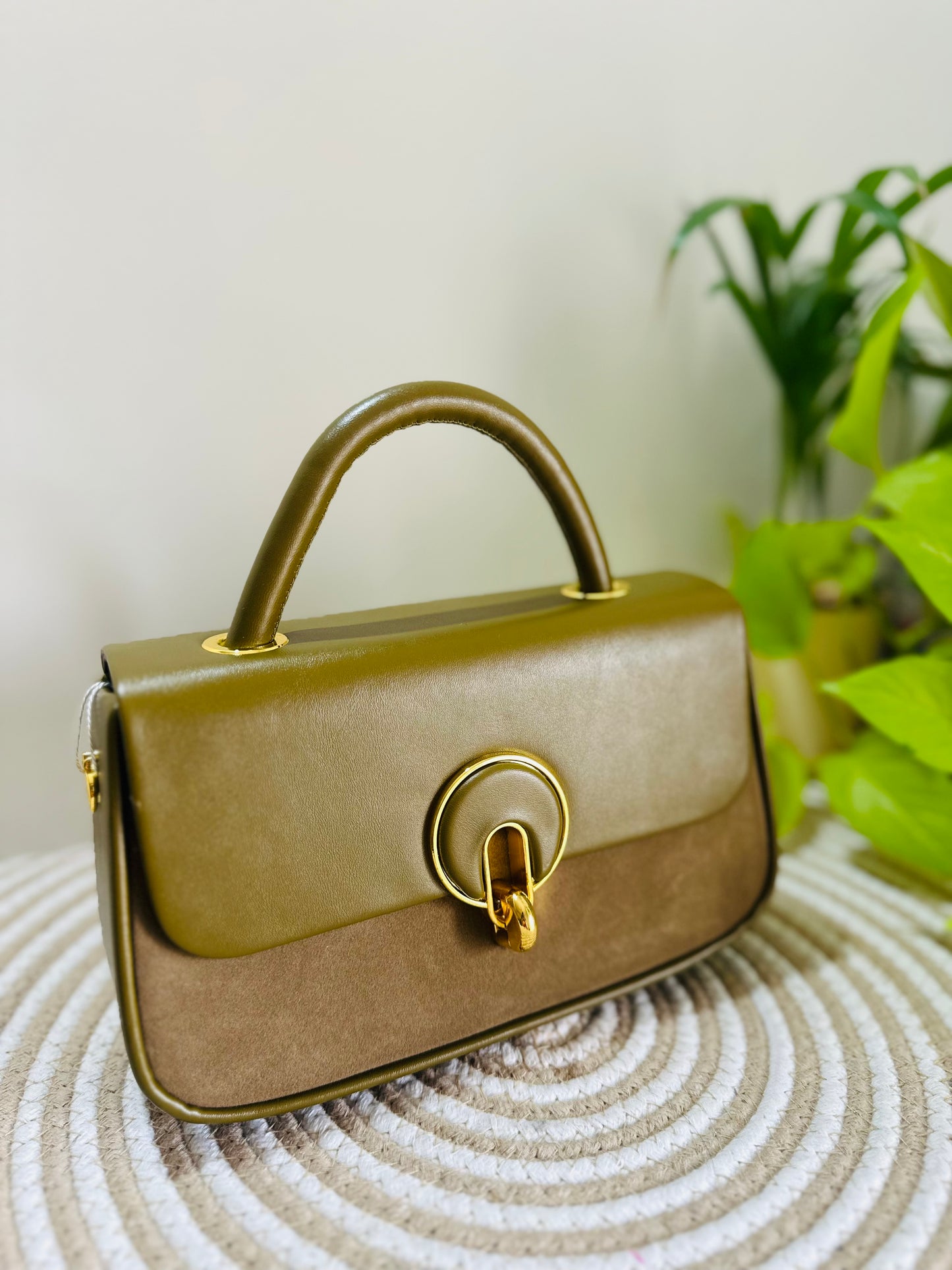 Velvet Olive & Mocha Two-Tone Structured Handbag