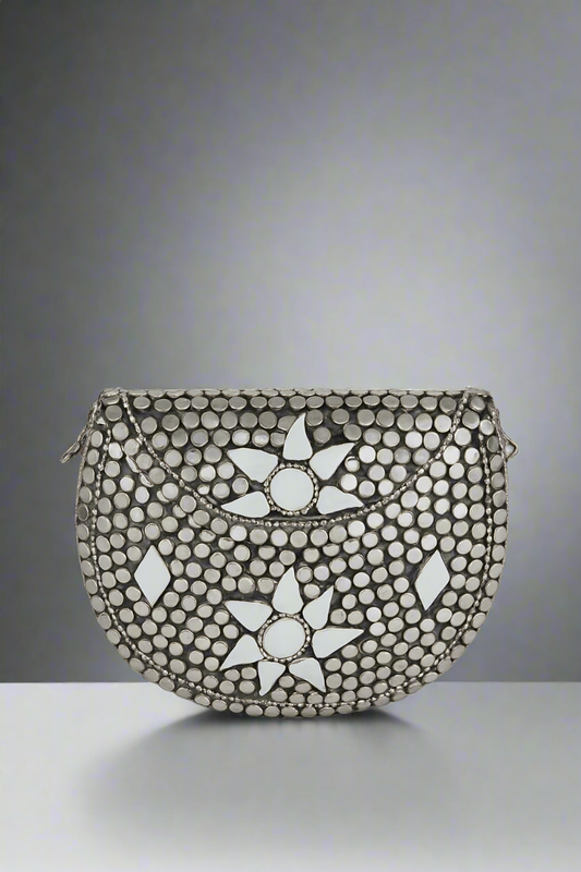 Boho Vintage-Inspired Mirror Mosaic Clutch – Silver & White