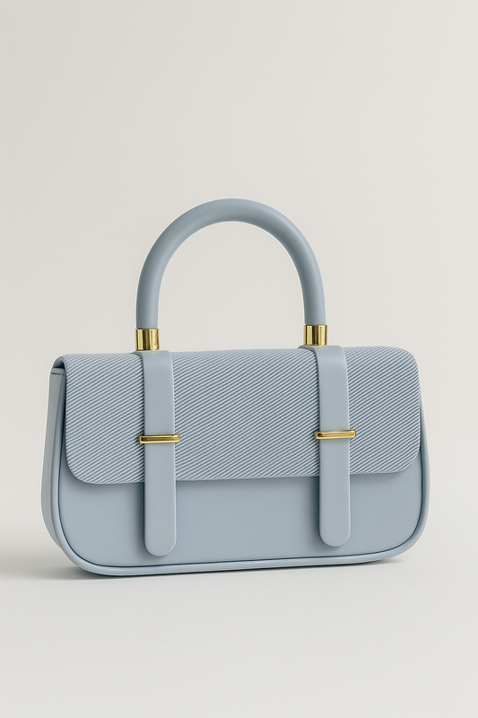 Elegant Powder Blue Structured Handbag – Faux Leather with Canvas Flap