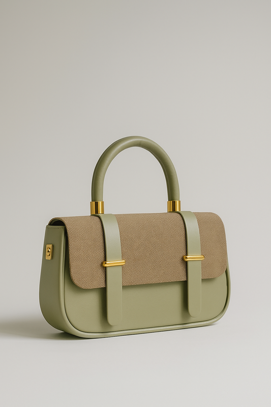 Elegant Olive & Tan Structured Handbag - Premium Faux Leather & Canvas