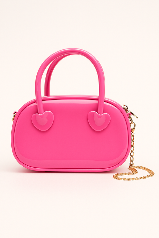 Hot Pink Glossy Heart Handle Mini Bag with Gold Chain