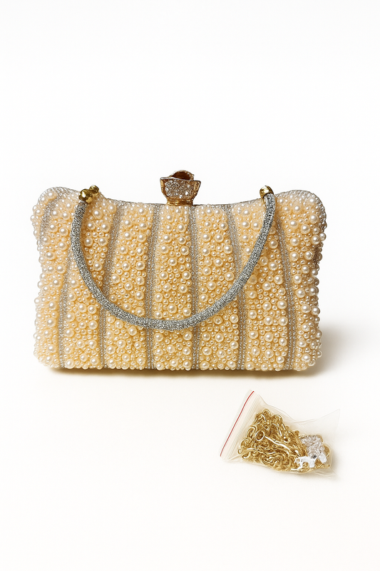 Luxury Pearl & Rhinestone Embellished Clutch with Gold Chain